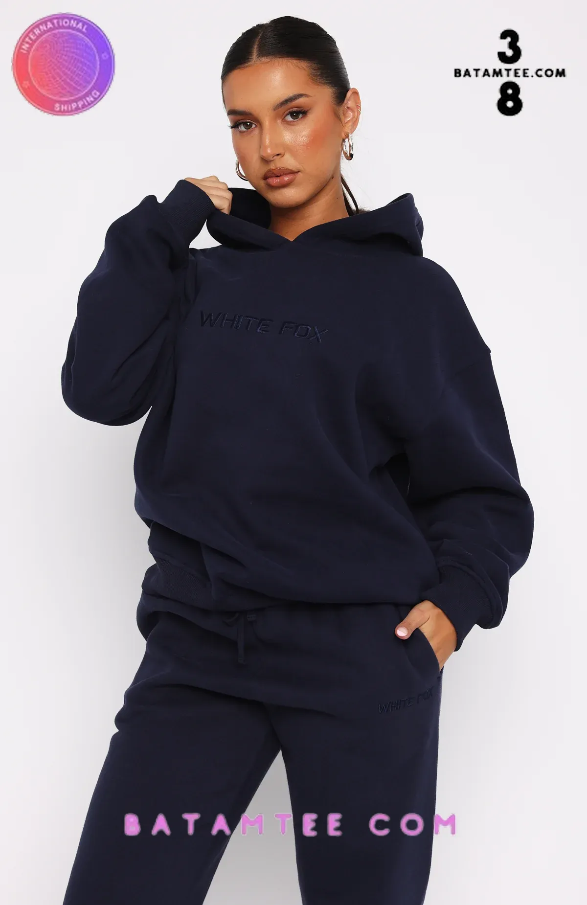 Navy blue hoodie with white strings hot sale